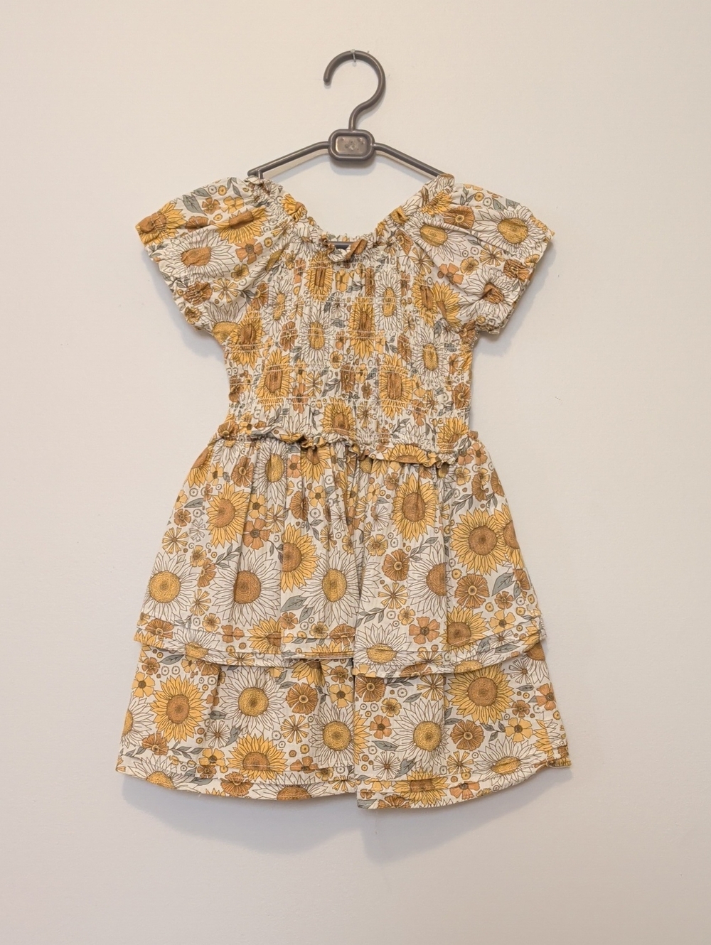 Girls Yellow Sunflower Tiered Casual Dress with Puff Sleeves + Headband